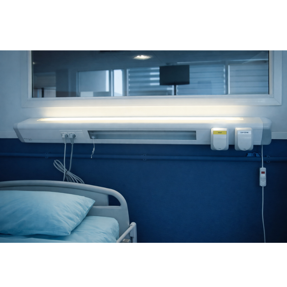 Gaine technique tête de lit installée dans une chambre hospitalière